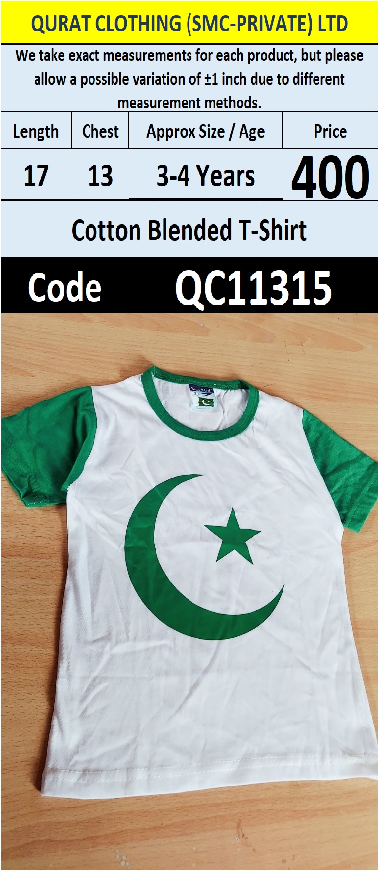 Pakistan Flag Crescent Printed White & Green Cotton Blended Kids T-Shirt – QC11315