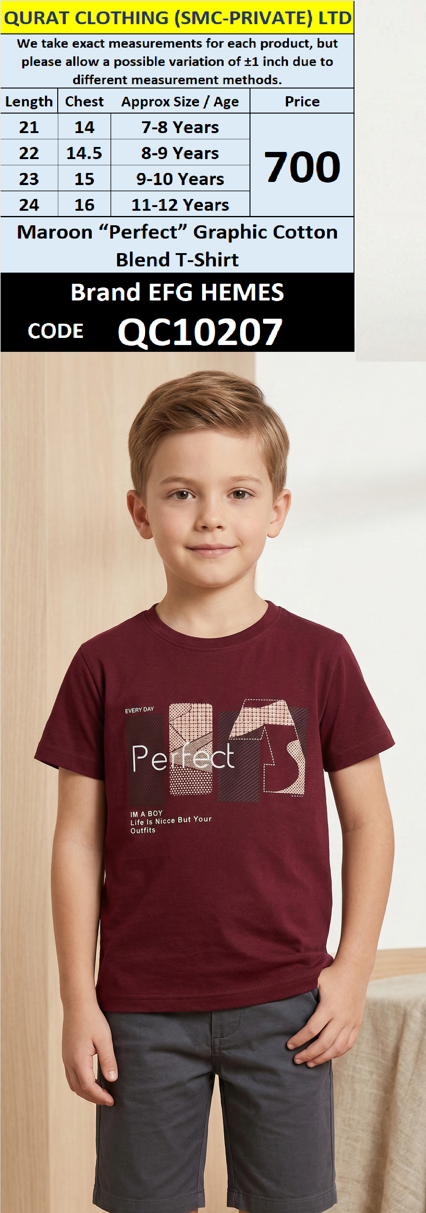 Maroon “Perfect” Graphic Cotton Blend T-Shirt – Brand EFG HEMES – QC10207
