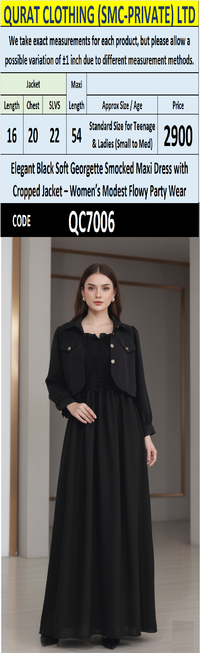 Elegant Black Soft Georgette Smocked Maxi Dress with Cropped Jacket – Women’s Modest Flowy Party Wear – QC7006 - QC7006