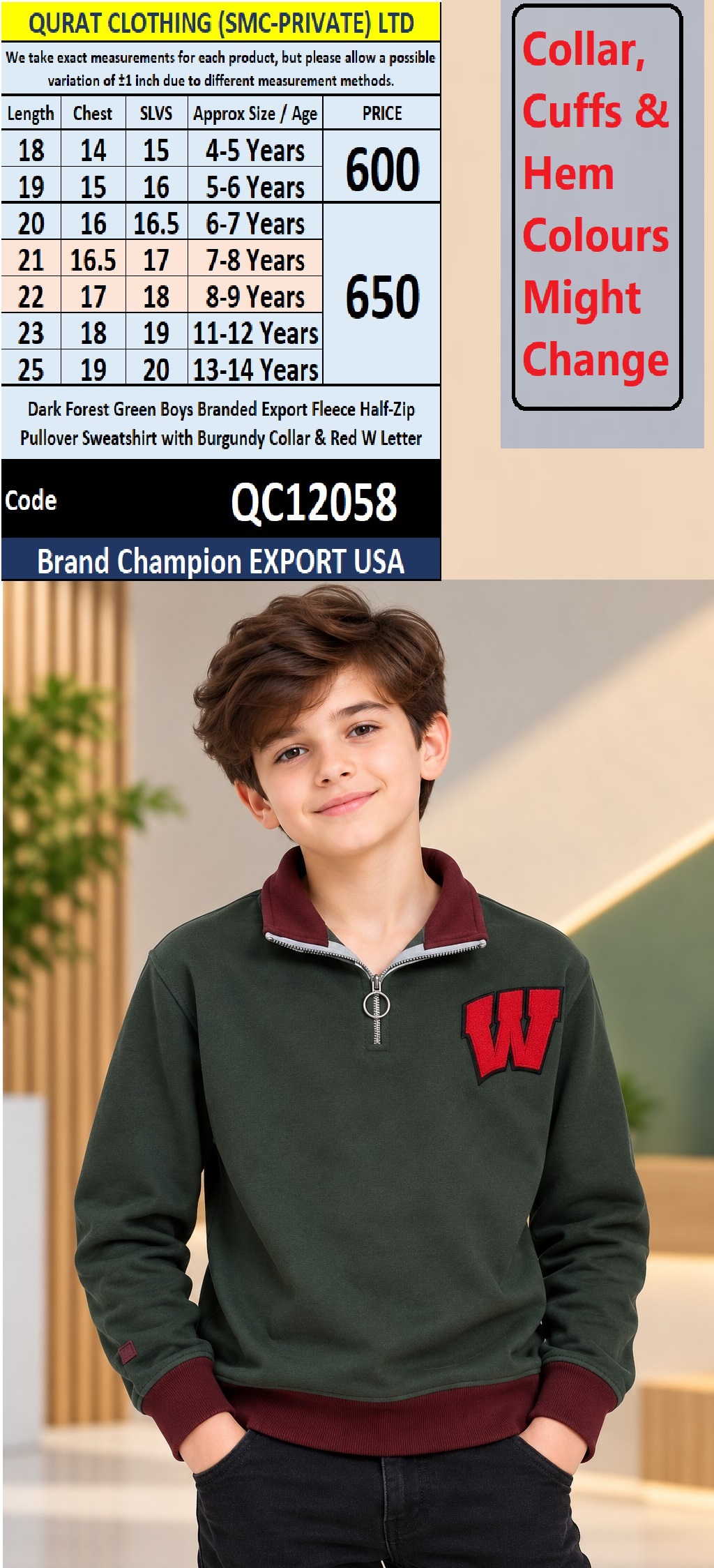 Dark Forest Green Boys Branded Export Fleece Half-Zip Pullover Sweatshirt with Burgundy Collar & Red W Letter – Champion Export USA – QC12058