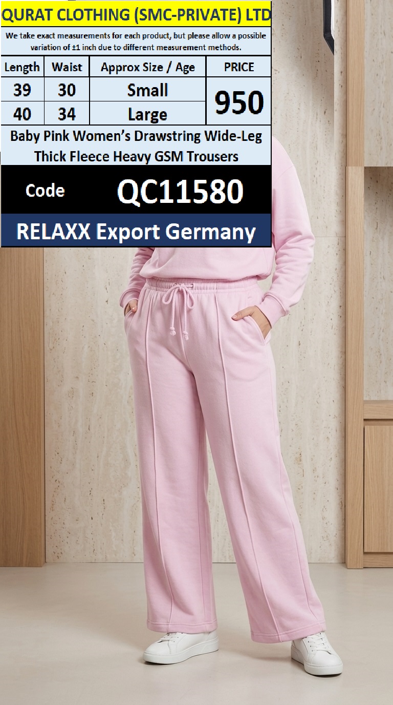 Baby Pink Women’s Drawstring Wide-Leg Thick Fleece Heavy GSM Trousers – RELAXX Export Germany – QC11580