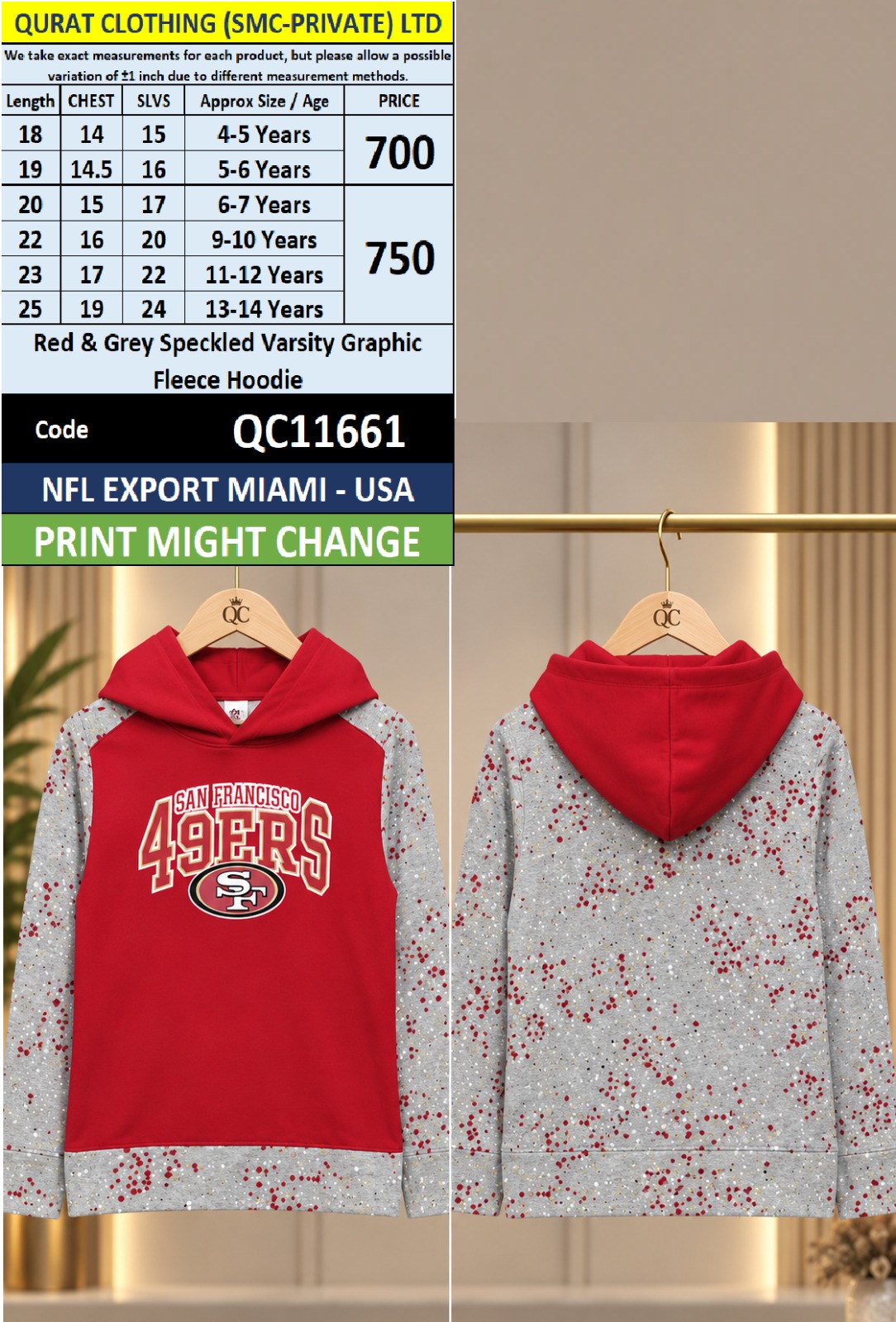 Red & Grey Speckled Varsity Graphic Fleece Hoodie – NFL Export Miami USA QC11661