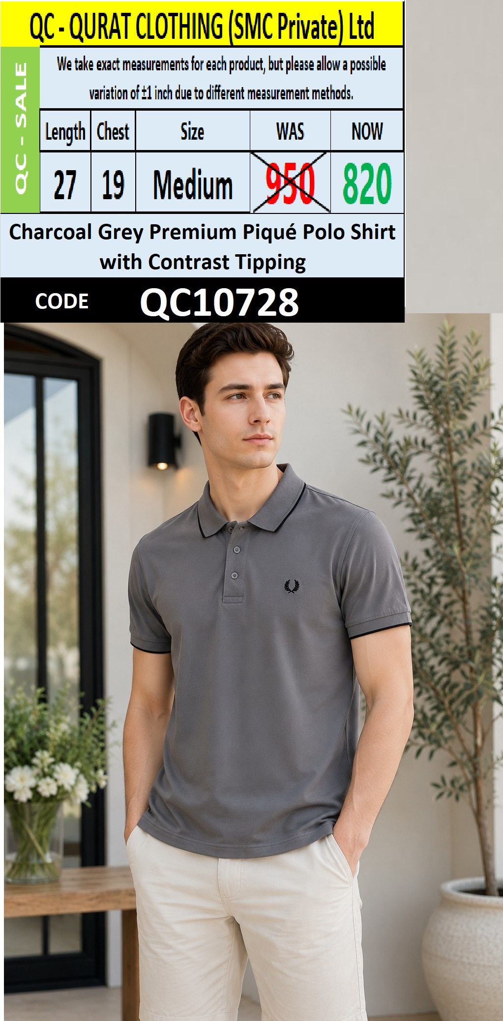Charcoal Grey Premium Piqué Polo Shirt with Contrast Tipping – QC10728
