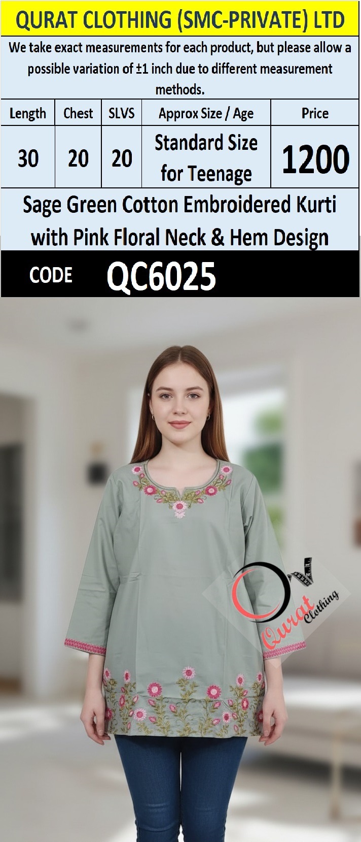 Sage Green Cotton Embroidered Kurti with Pink Floral Neck & Hem Design – QC6025
