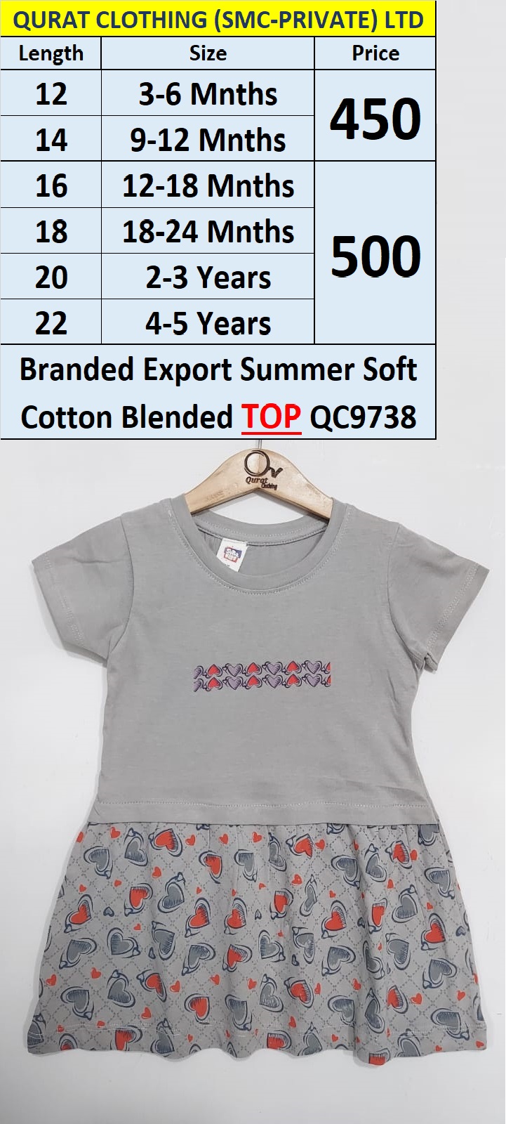 Branded Export Summer Grey Multi Hearts Print Soft Cotton Blended TOP QC9738
