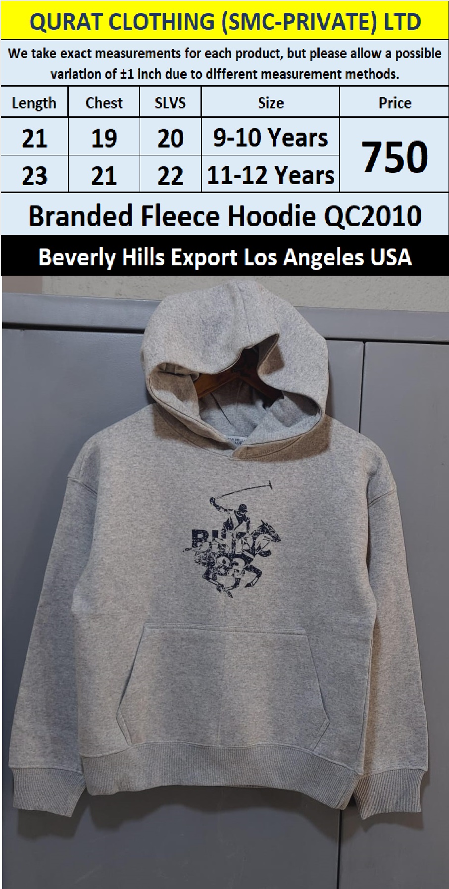 Beverly Hills Brand Fleece Hoodie QC2010 Export Los Angeles USA