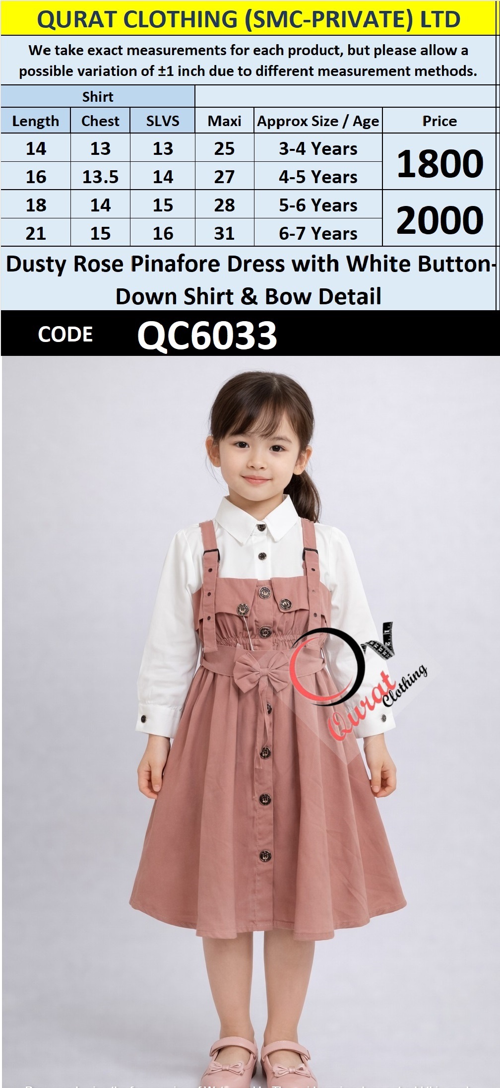 Dusty Rose Pinafore Dress Two Piece Set with White Button-Down Shirt & Bow Detail – QC6033 - QC6033