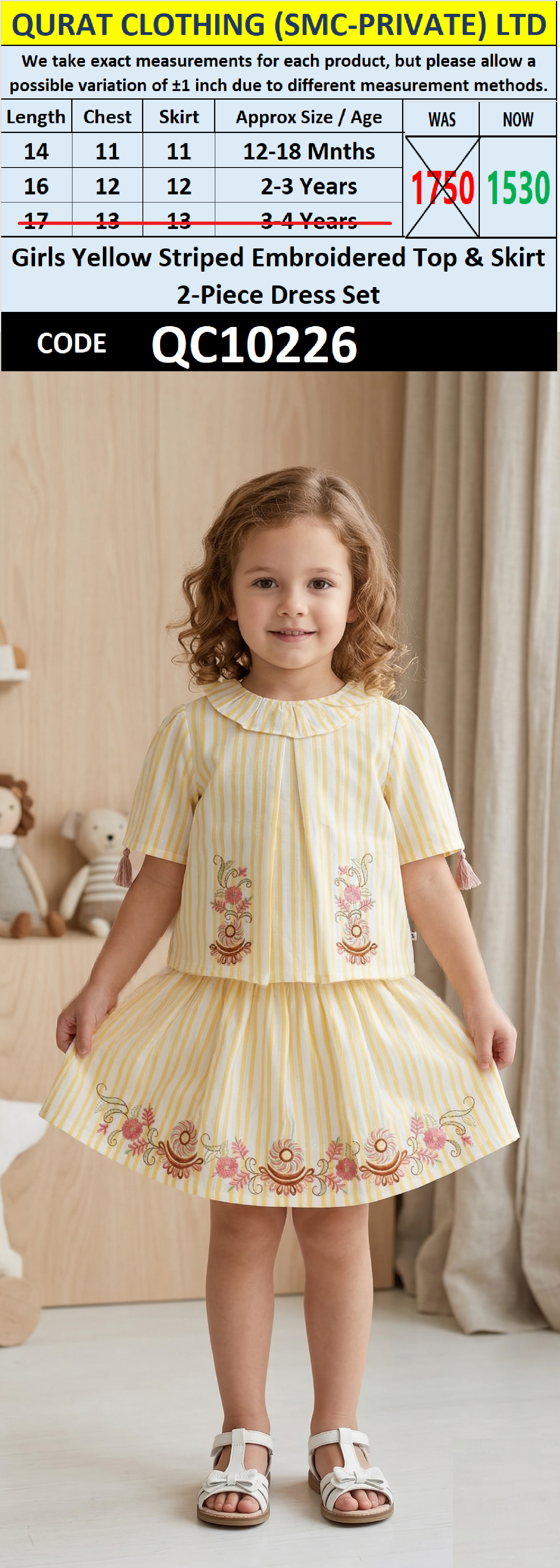 Girls Yellow Striped Embroidered Top & Skirt 2-Piece Dress Set – QC10226