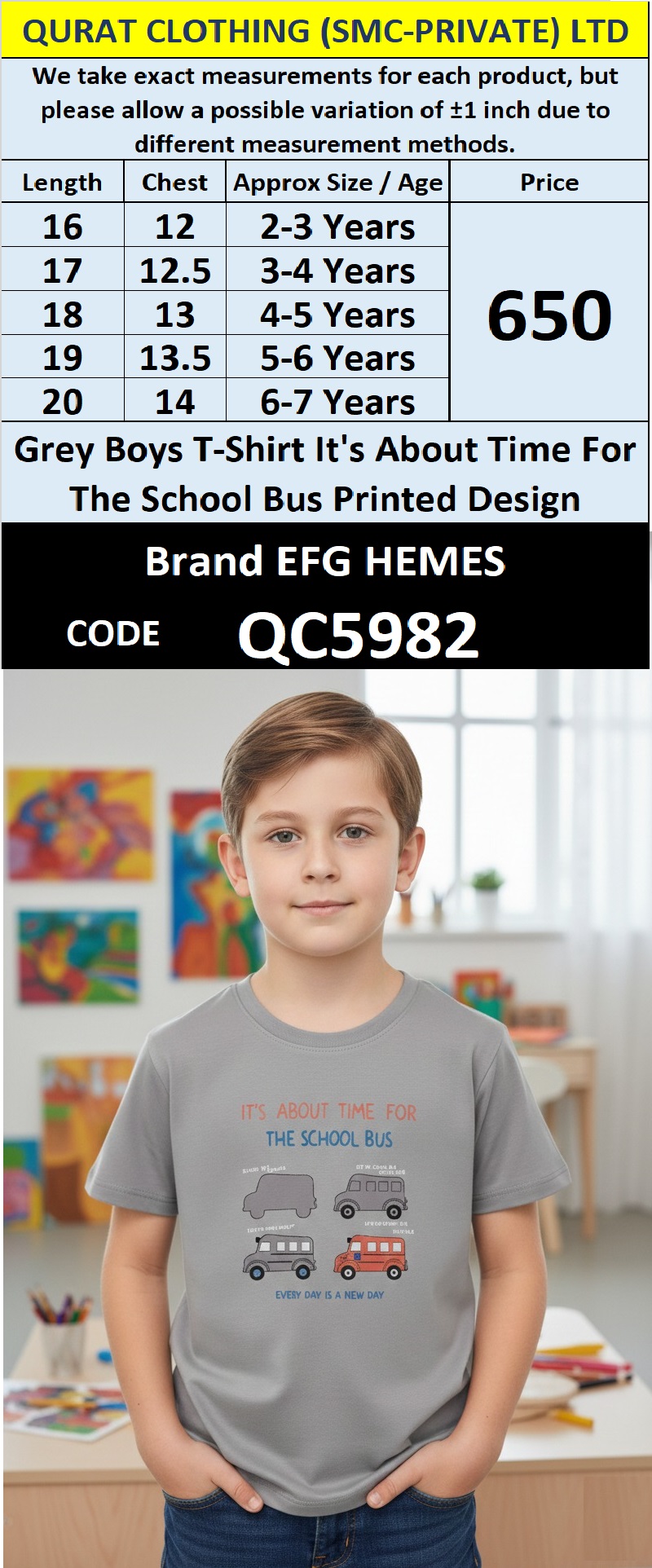 Grey Cotton Blended T-Shirt IT’S ABOUT TIME FOR THE SCHOOL BUS Printed Graphic – Kids Casual Tee – QC5982