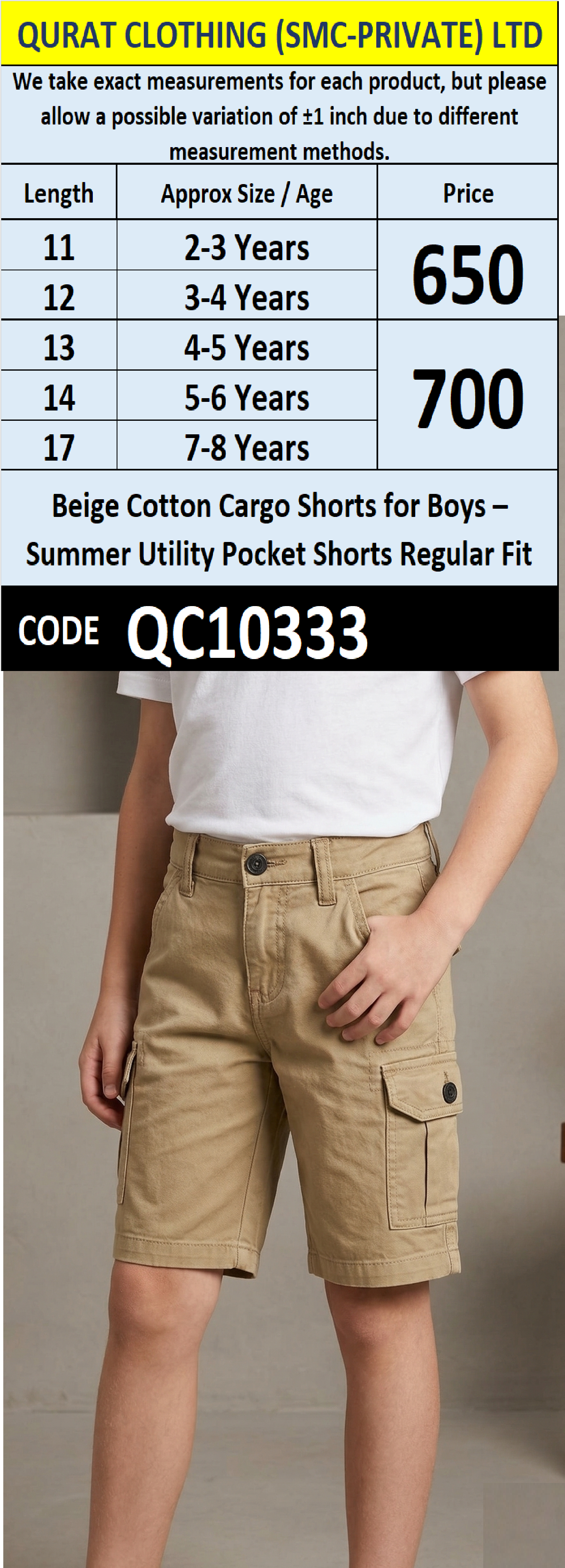 Beige Cotton Cargo Shorts for Boys – Summer Utility Pocket Shorts Regular Fit – QC10333