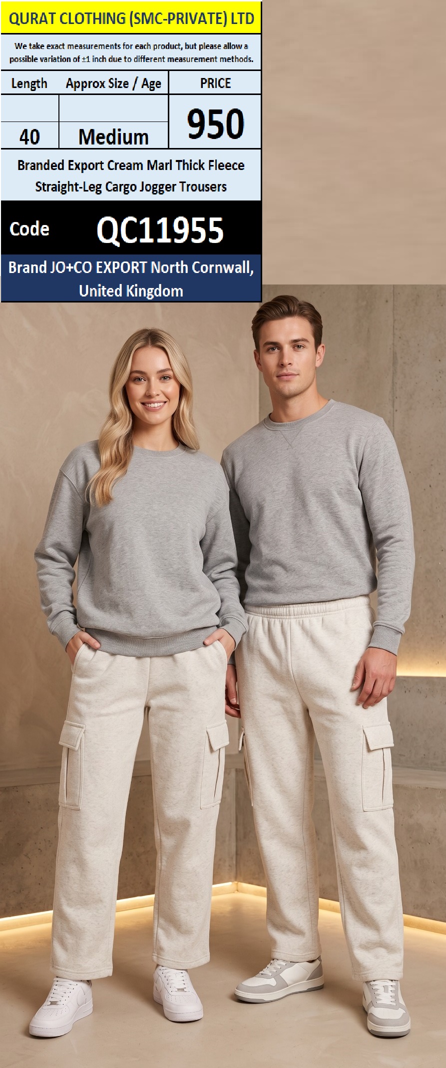 JO+CO Export United Kingdom Branded Export Cream Marl Thick Fleece Straight-Leg Cargo Jogger Trousers – QC11955