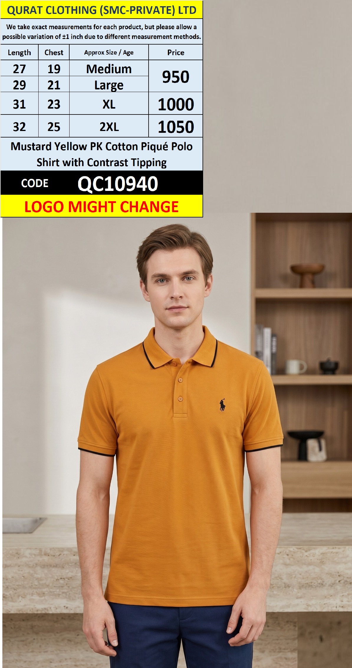 Mustard Yellow PK Cotton Piqué Polo Shirt with Contrast Tipping – QC10940