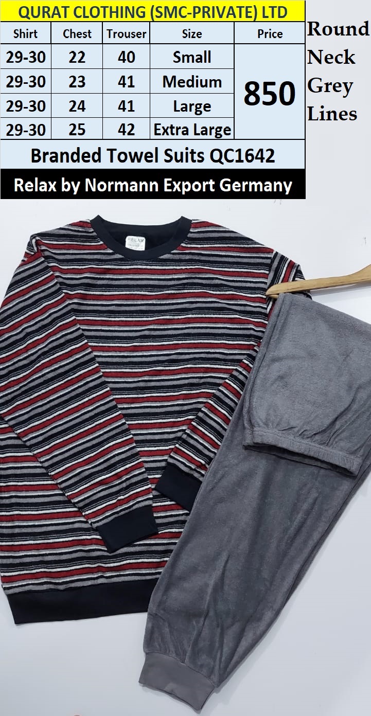 Normann by Relax Brand Round Neck with Grey Lines Towel Fabric Night Wear Suit QC1642 Export Germany