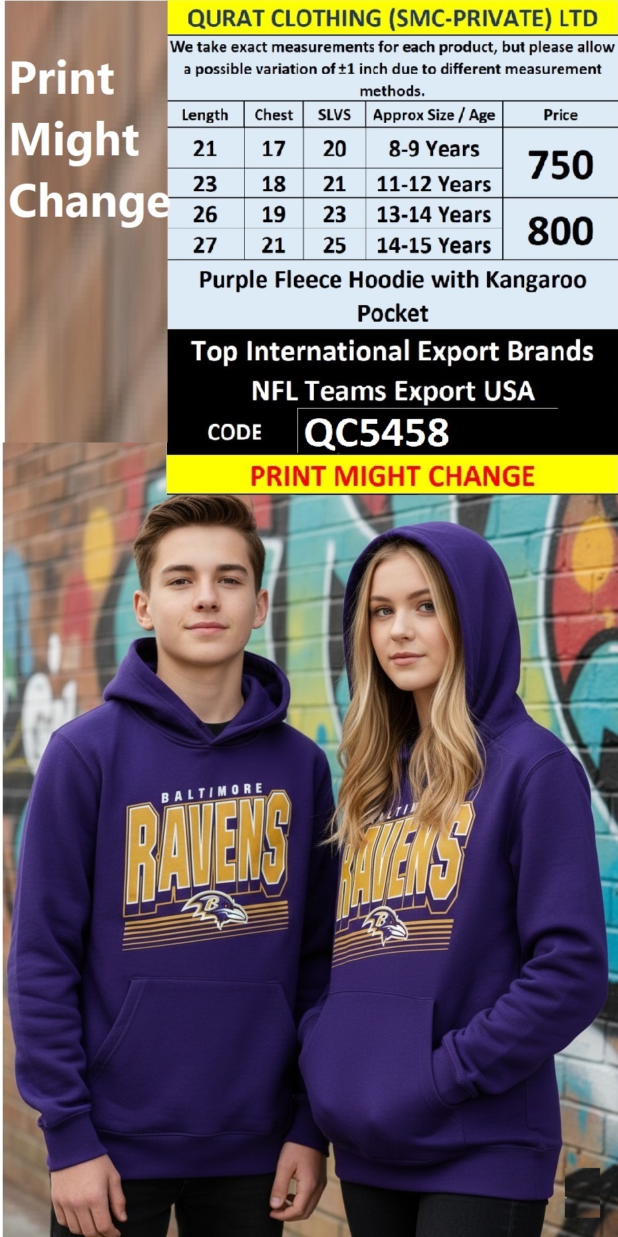 Purple Fleece Hoodie Baltimore Ravens Printed Text with Kangaroo Pocket – Export USA – QC5458