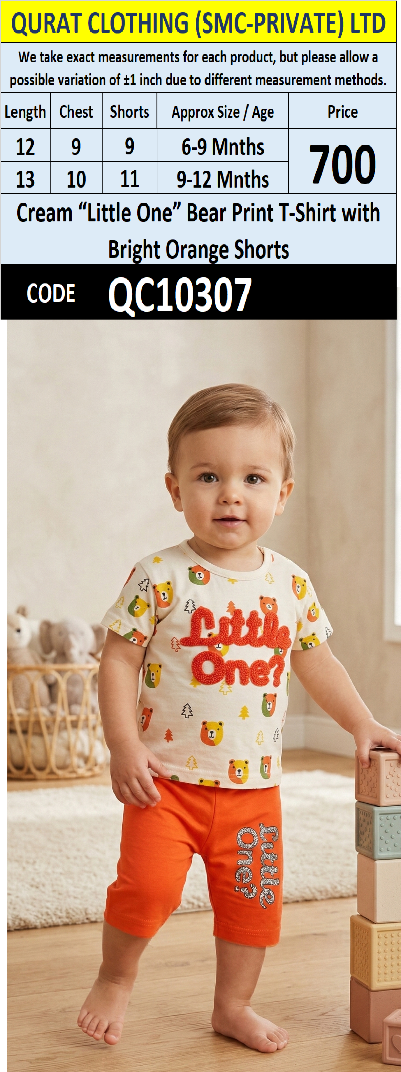 Cream “Little One” Bear Print T-Shirt with Bright Orange Shorts – QC10307