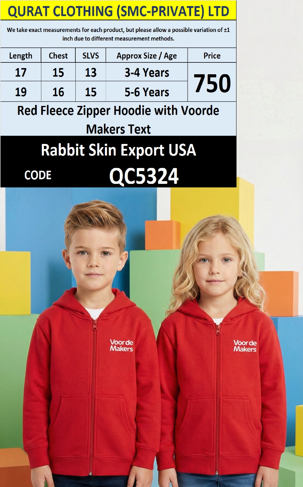 Rabbit Skin Red Fleece Zipper Hoodie Voorde Makers Text Export USA Kids QC5324
