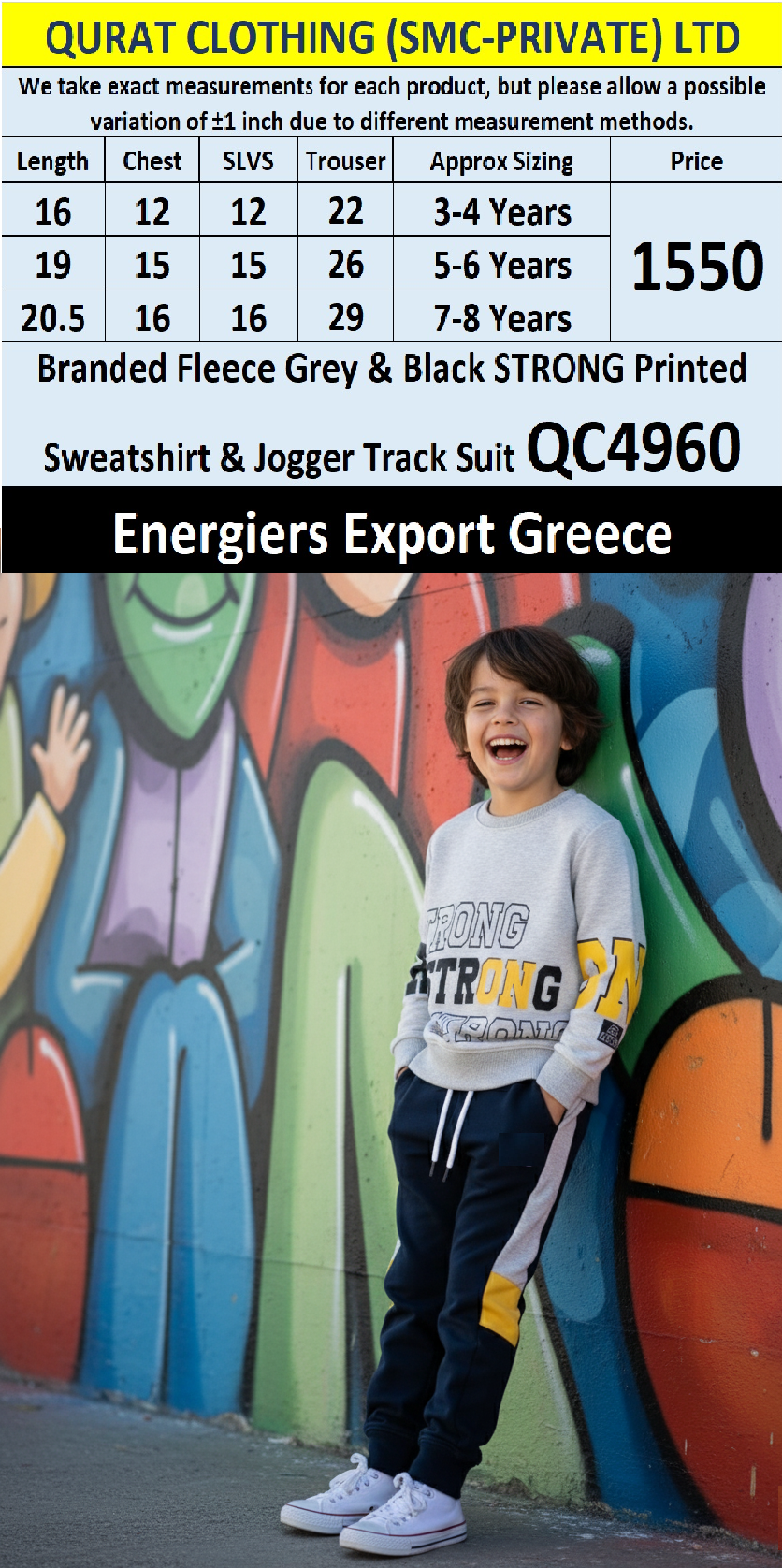 Energiers Brand Grey & Black “STRONG” Printed Fleece Sweatshirt & Jogger Track Suit QC4960 – Export Greece - QC4960