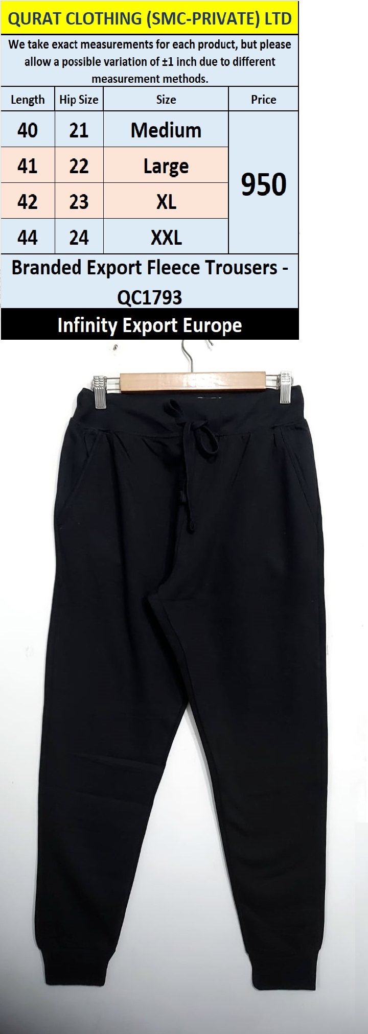 Infinity Brand Fleece Trouser QC1793 Export Europe 