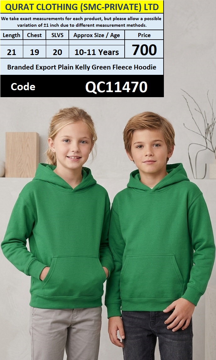 QC11470 – Branded Export Plain Kelly Green Fleece Kids Hoodie – QC11470