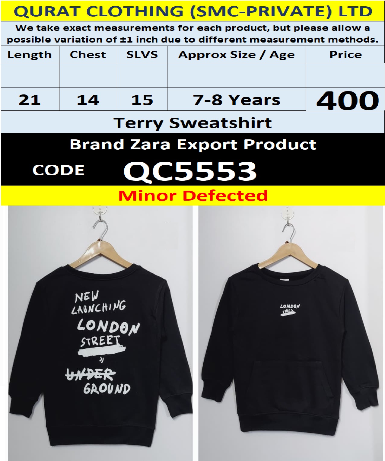 Brand ZARA Terry Sweatshirt Export Europe or USA (Minor Defected Product) - QC5553
