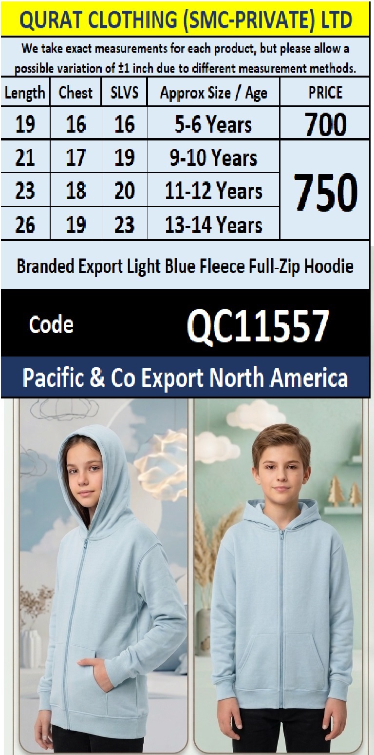 Pacific & Co Export North America Branded Export Light Blue Fleece Full-Zip Hoodie QC11557