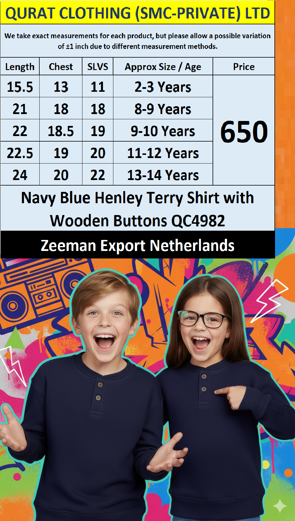Zeeman Brand Navy Blue Henley Terry Shirt with Wooden Buttons QC4982 – Export Netherlands