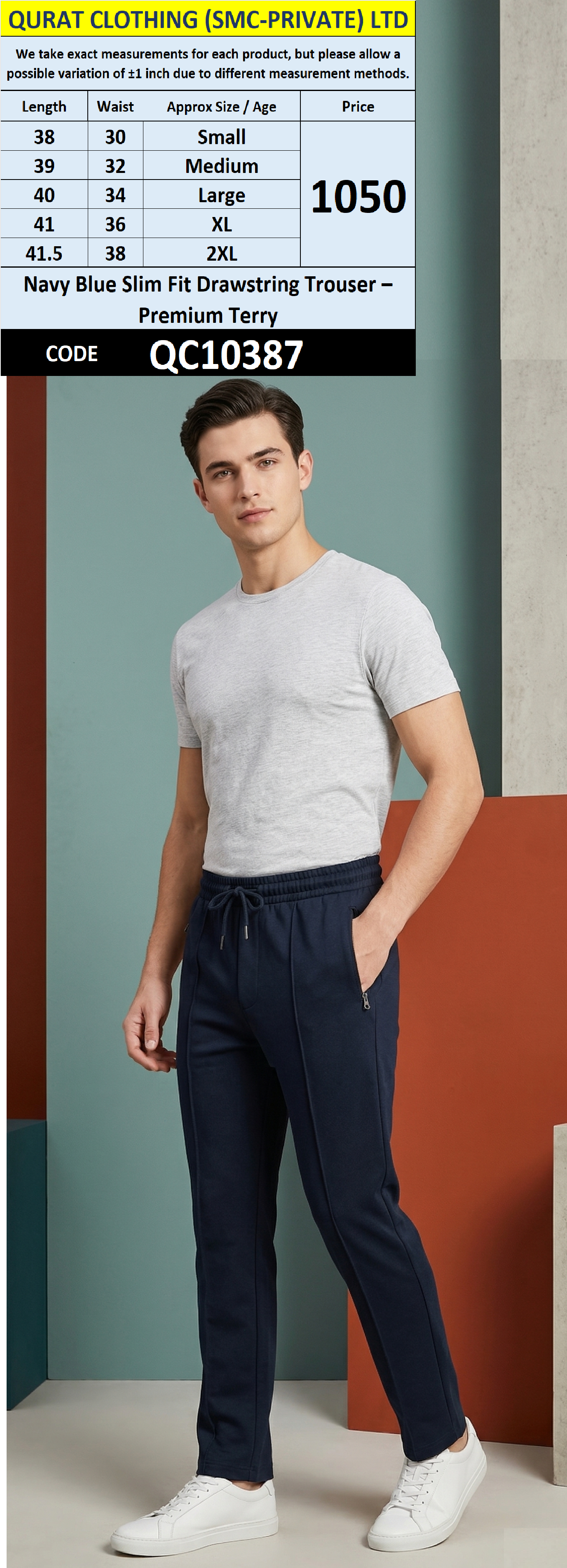 Navy Blue Slim Fit Drawstring Trouser – Premium Terry QC10387