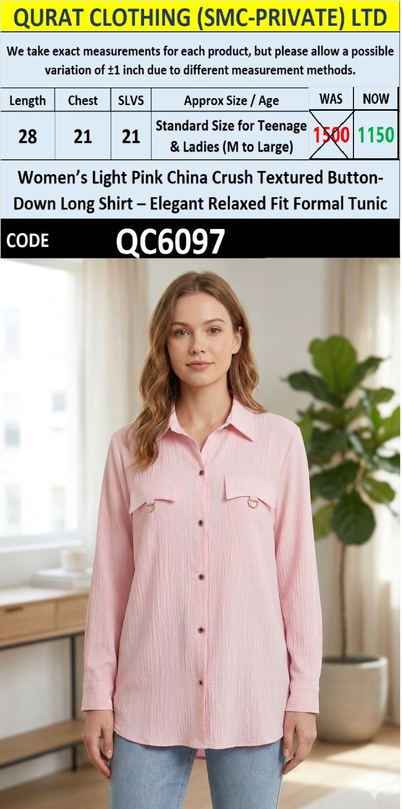 Light Pink China Crush Textured Button-Down Long Shirt – Elegant Relaxed Fit Formal Tunic QC6097 - QC6097