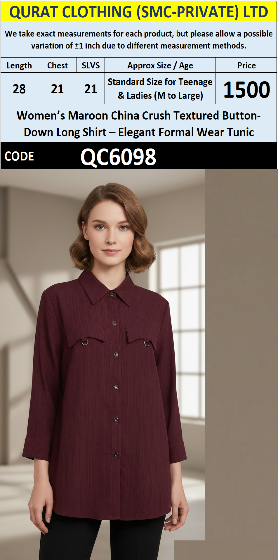Maroon China Crush Textured Button-Down Long Shirt – Elegant Formal Wear Tunic QC6098 - QC6098