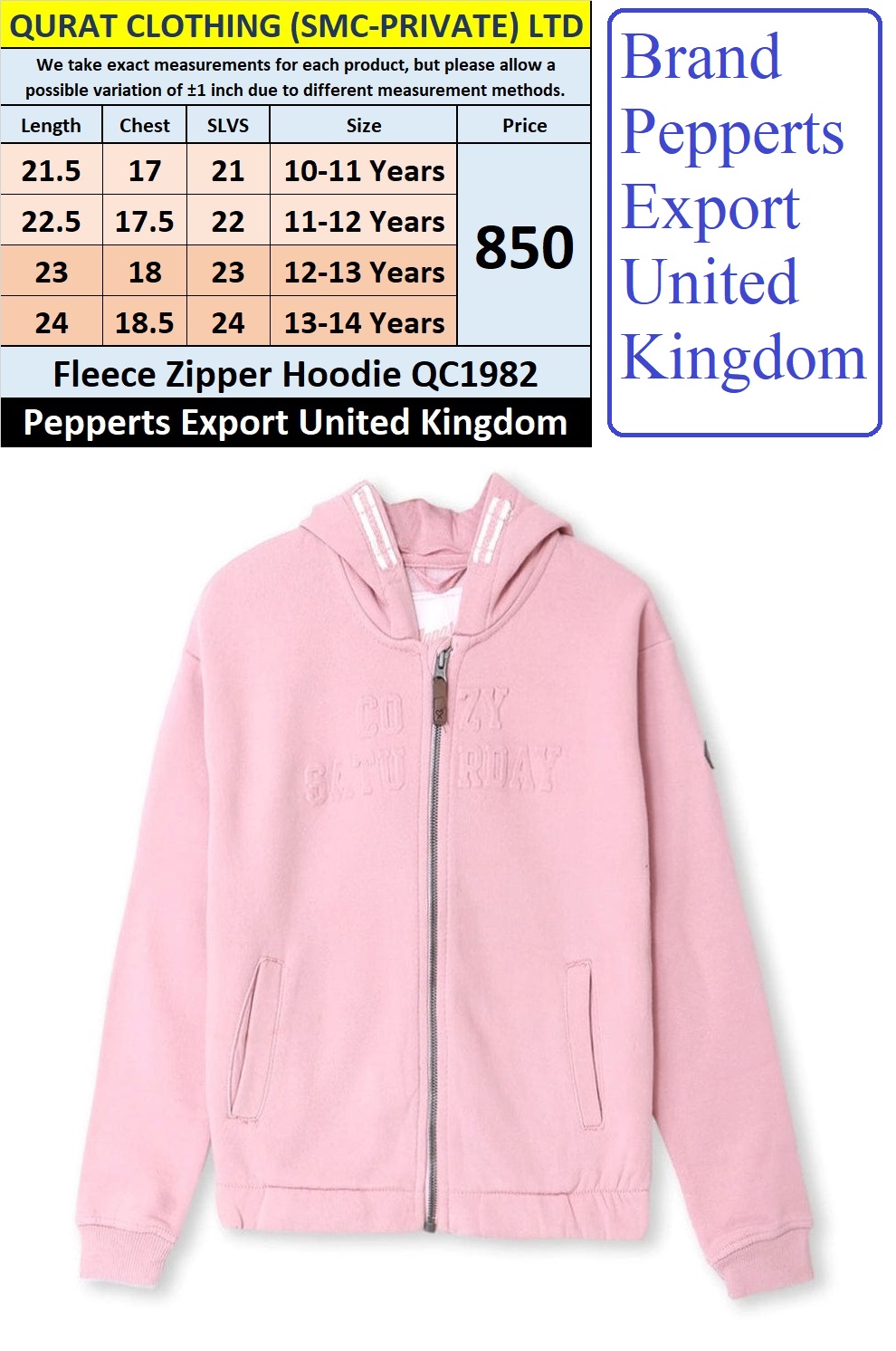 Pepperts Brand Pink Fleece Zipper Hoodie QC1982 Export United Kingdom