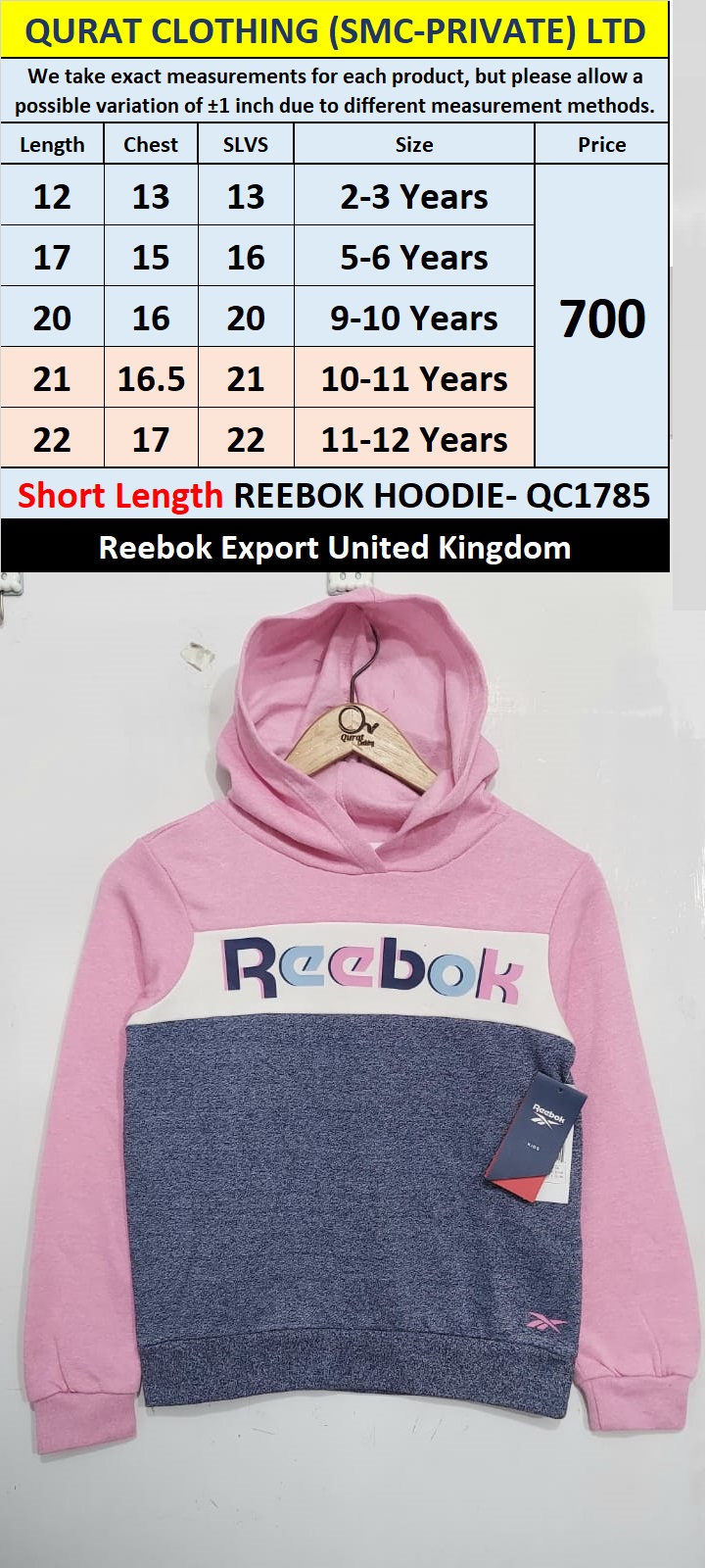 Reebok Brand Short Length Hoodie QC1785 Export United Kingdom