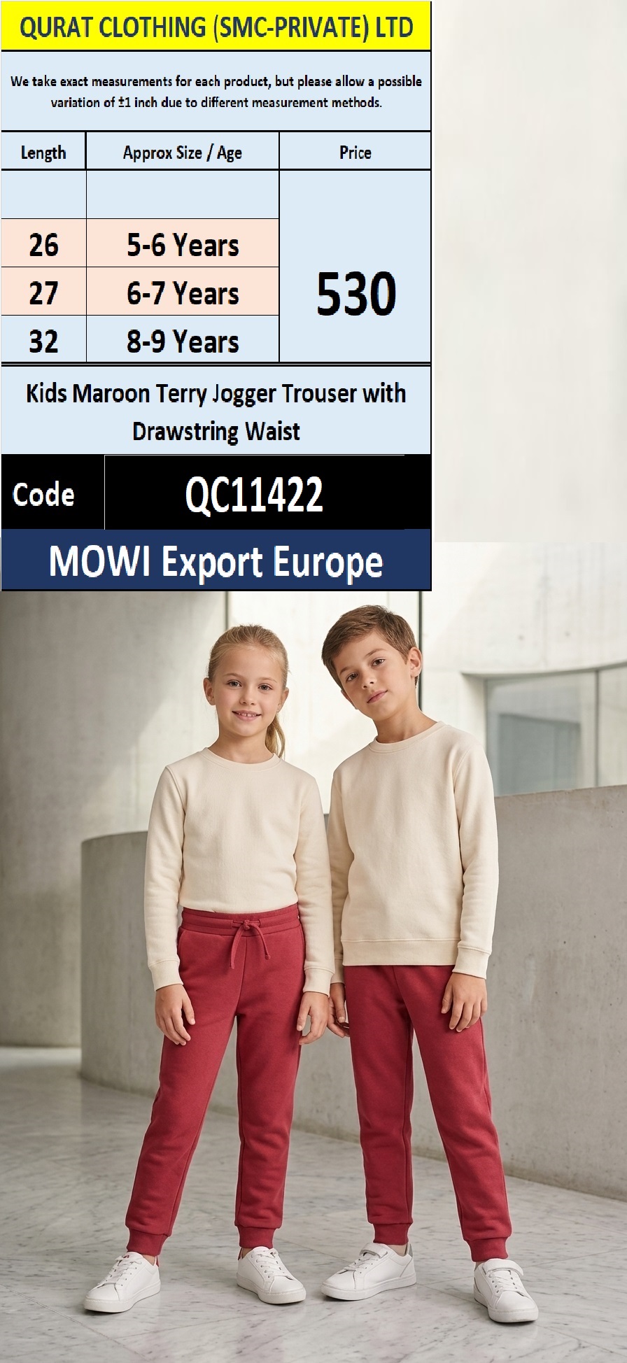 MOWI Export Europe Kids Maroon Terry Jogger Trouser with Drawstring Waist – QC11422