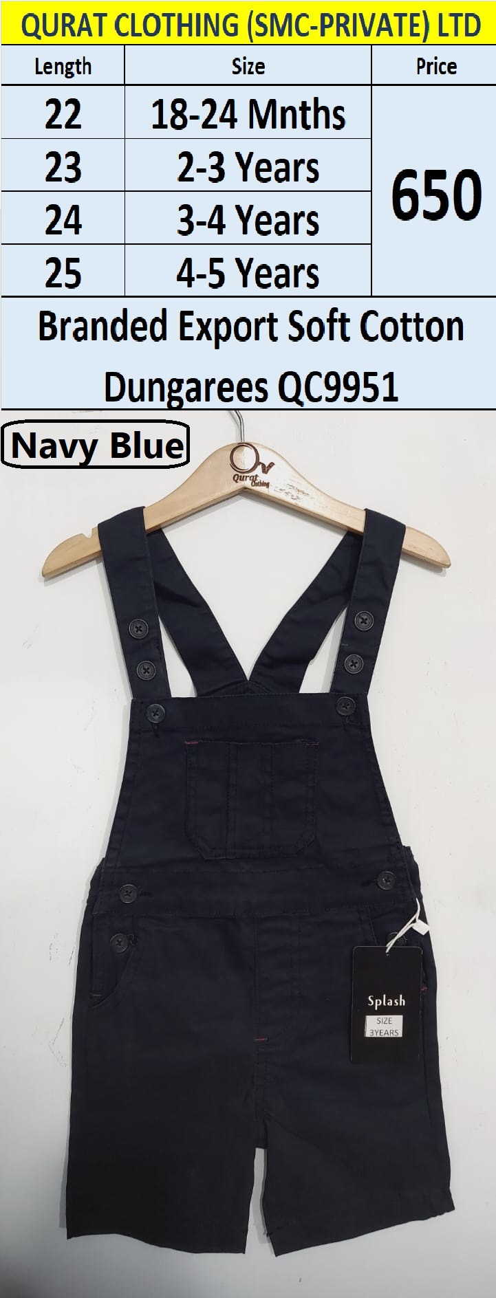 Unisex Branded Export Soft Cotton Dungaree / Romper QC9951