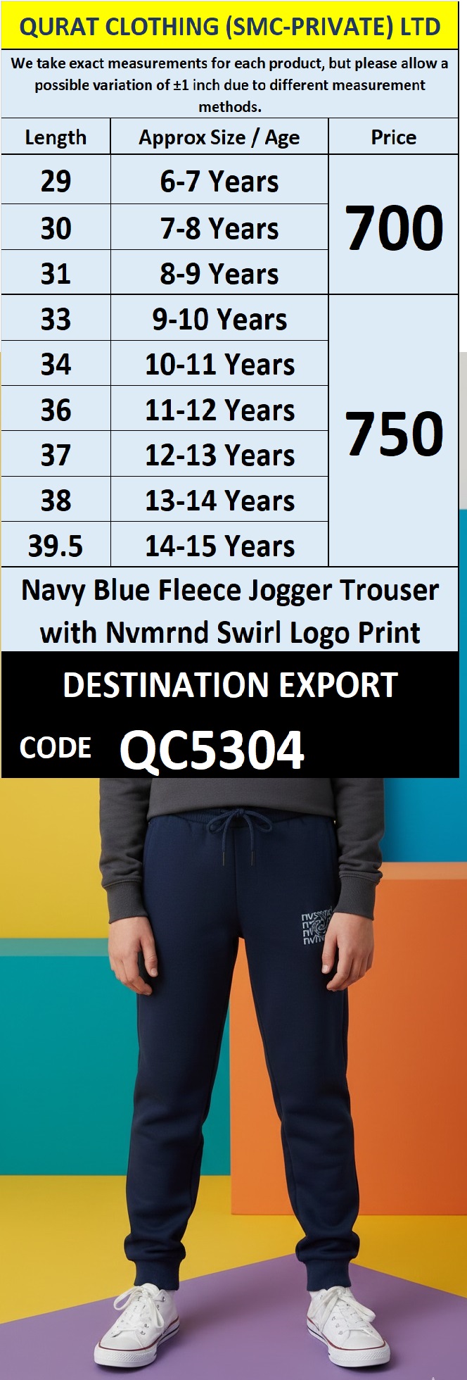 Navy Blue Fleece Jogger Trouser with Nvmrnd Swirl Logo Print for Kids QC5304