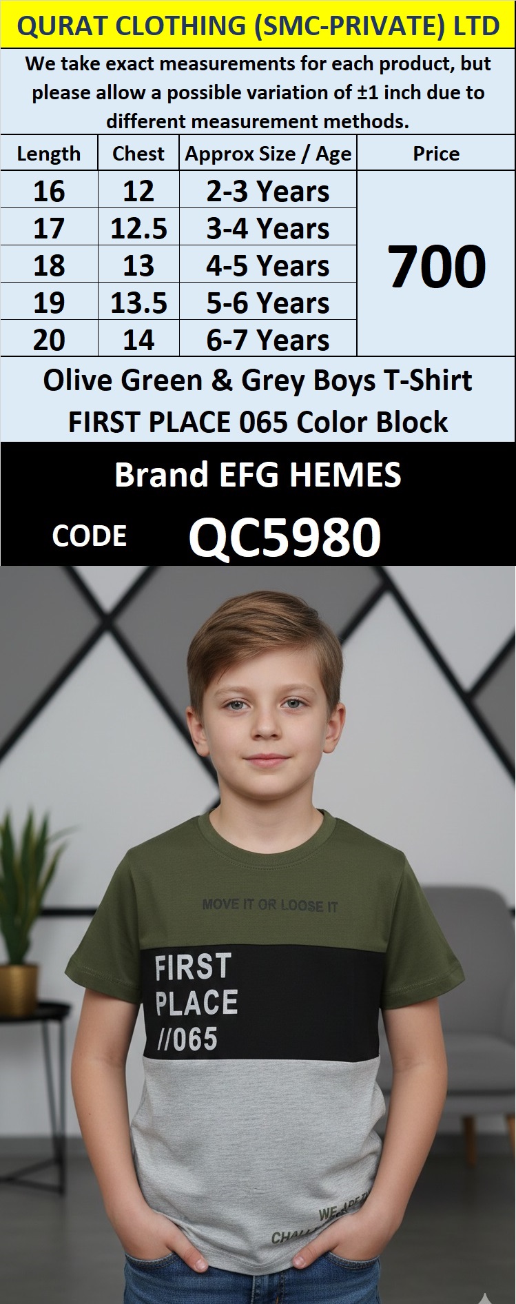 Olive Green & Grey Cotton Blended T-Shirt FIRST PLACE 065 Color Block Printed Graphic – Kids Casual Tee – QC5980