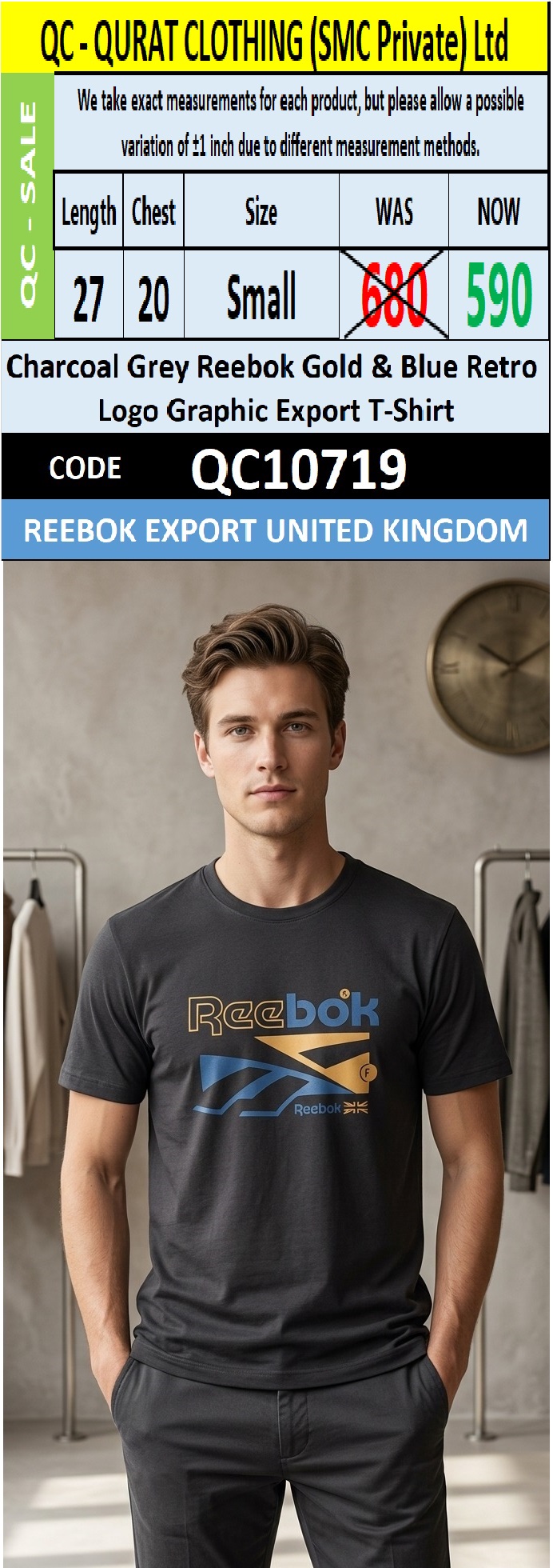 Charcoal Grey Reebok Gold & Blue Retro Logo Graphic Export T-Shirt QC10719