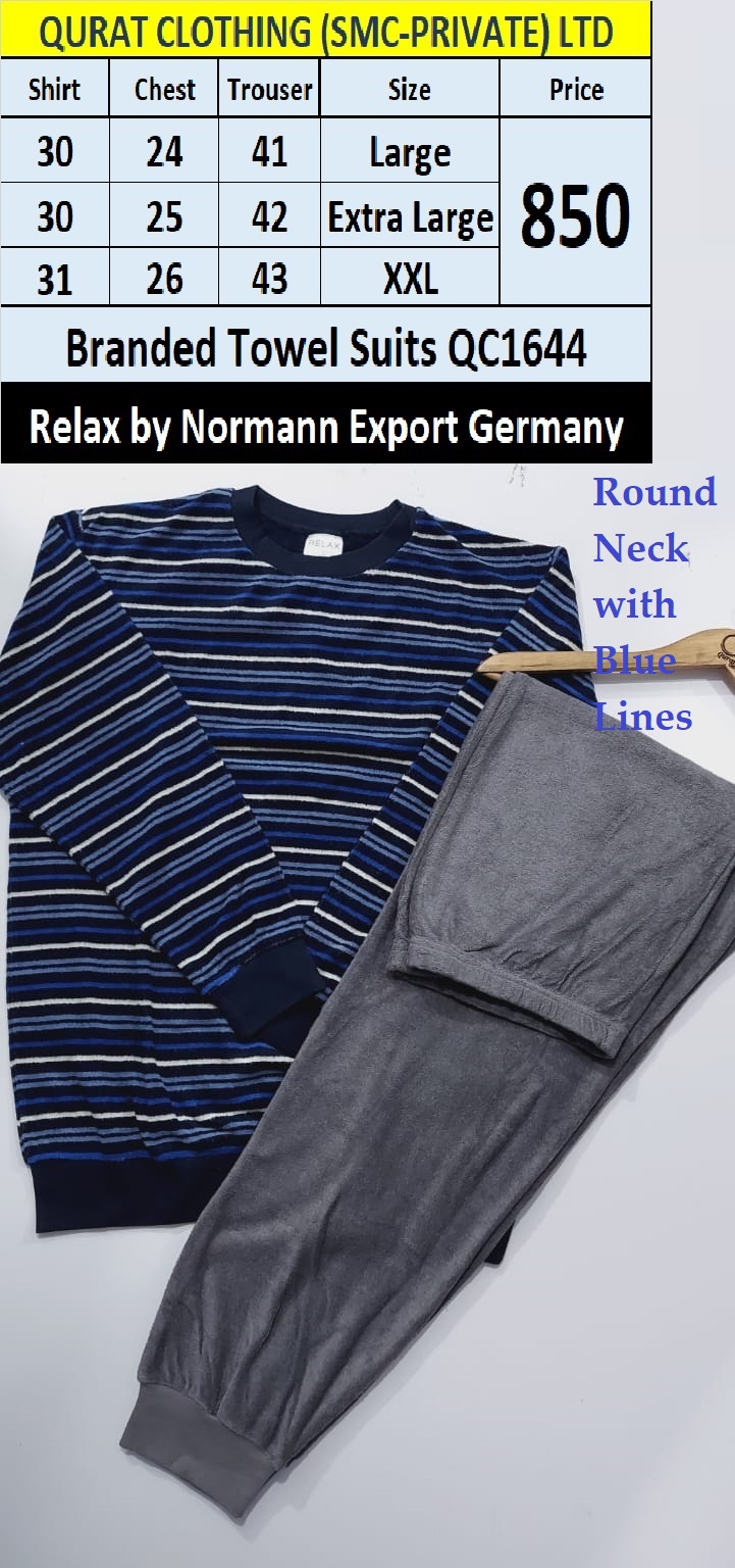 Normann by Relax Brand Round Neck with Blue Lines Towel Night Wear Suit QC1644 Export Germany