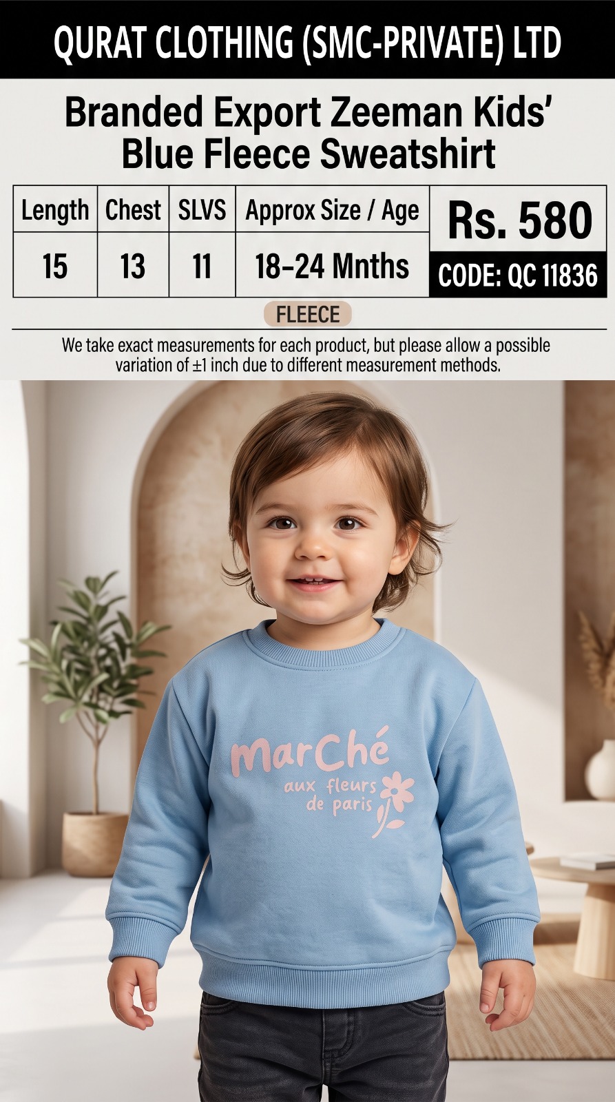 Zeeman Branded blue fleece sweatshirt with pink Marché aux fleurs de paris lettering and flower graphic — QC11836