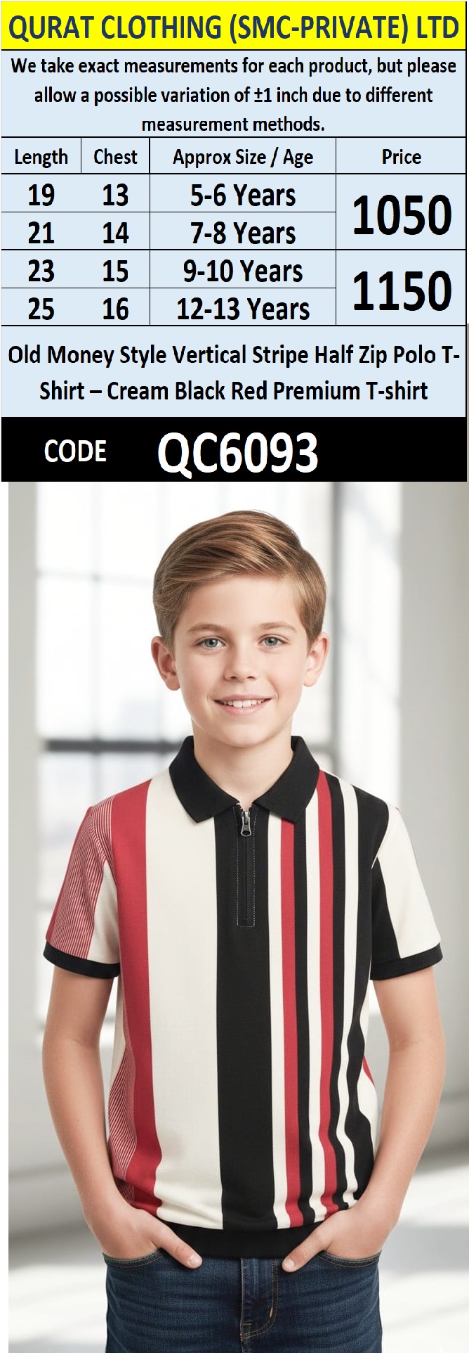 Old Money Style Vertical Stripe Half Zip Polo T-Shirt – Cream Black Red Premium Ribbed QC6093