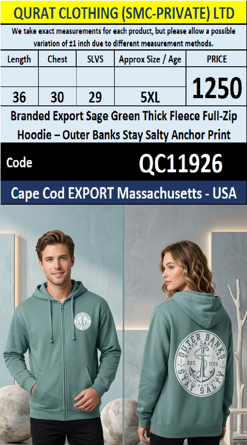Branded Export Sage Green Thick Fleece Full-Zip Hoodie – Outer Banks Stay Salty Anchor Print – Cape Cod Massachusetts USA – QC11926