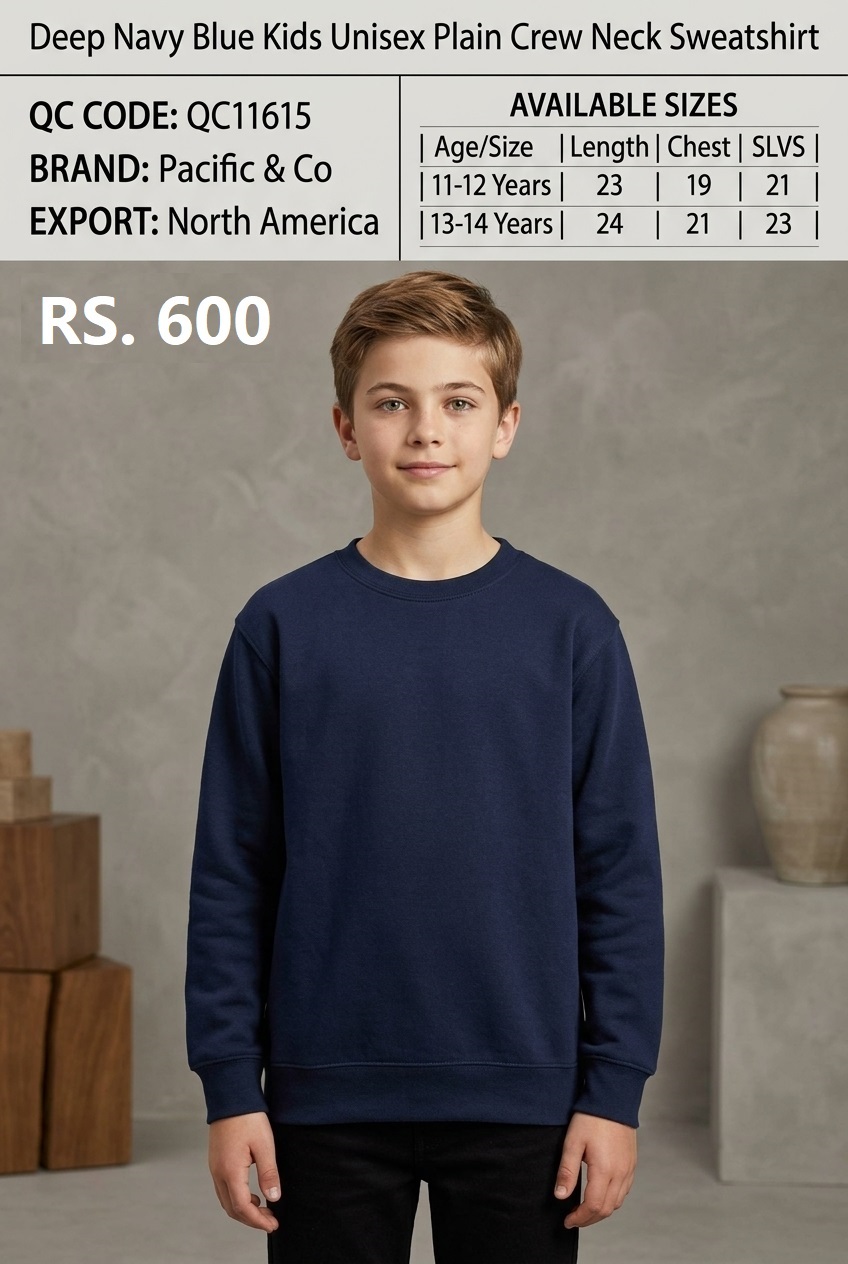 Pacific & Co Deep Navy Blue Kids Unisex Plain Crew Neck Sweatshirt – Export North America – QC11615