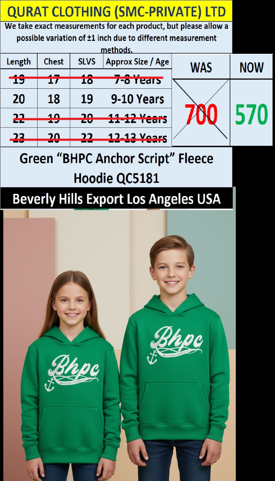 Beverly Hills Brand Green “BHPC Anchor Script” Fleece Hoodie QC5181 – Export Los Angeles USA