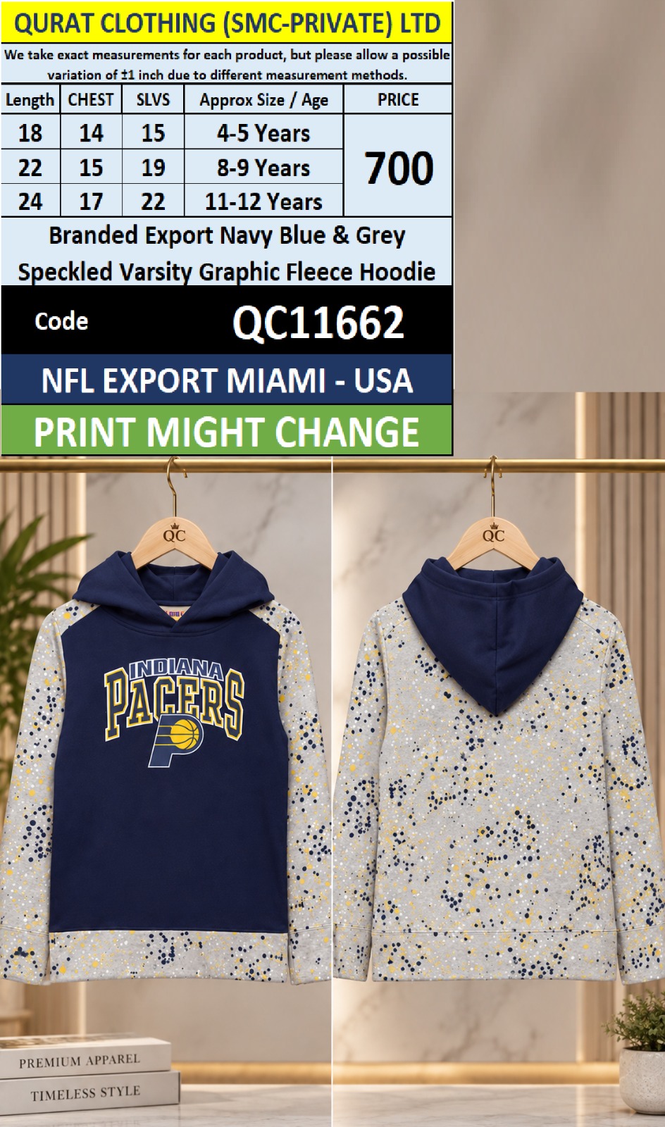 Branded Export Navy Blue & Grey Speckled Varsity Graphic Fleece Hoodie – NFL Export Miami USA QC11662