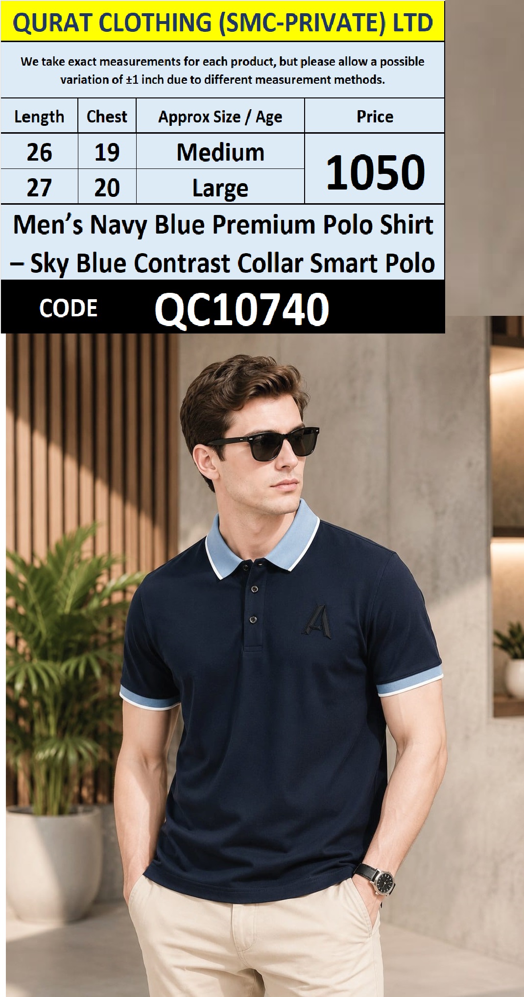 Men’s Navy Blue Premium Polo Shirt – Sky Blue Contrast Collar Smart Polo – QC10740