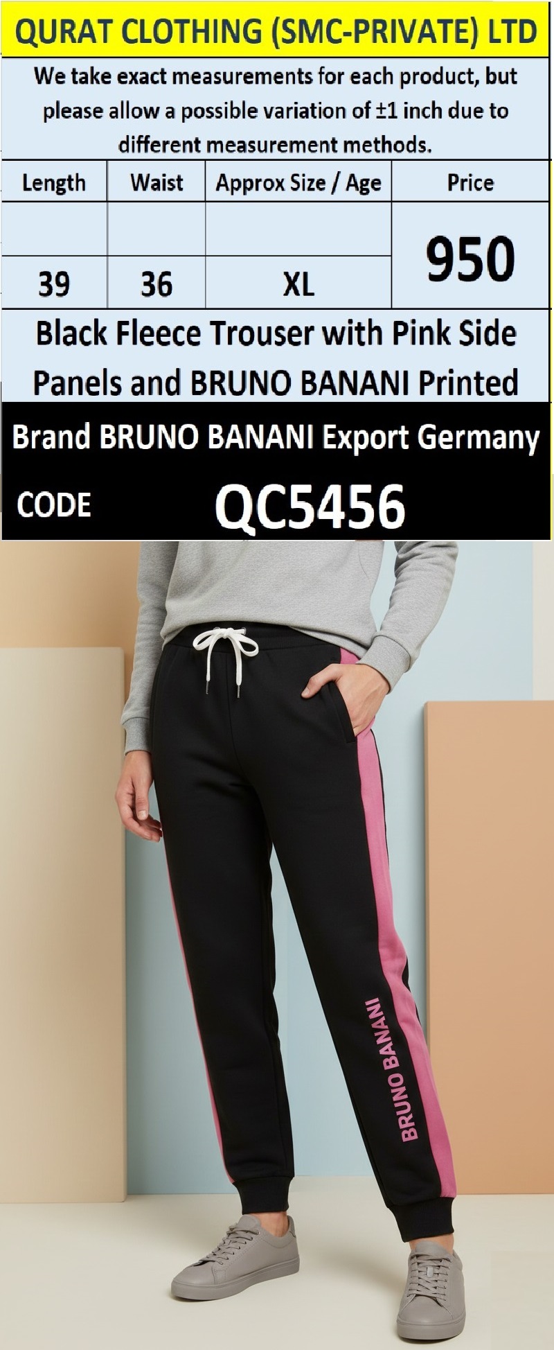 QC5456 Black Fleece Trouser with Pink Side Panels & Bruno Banani Print – Bruno Banani Export Germany