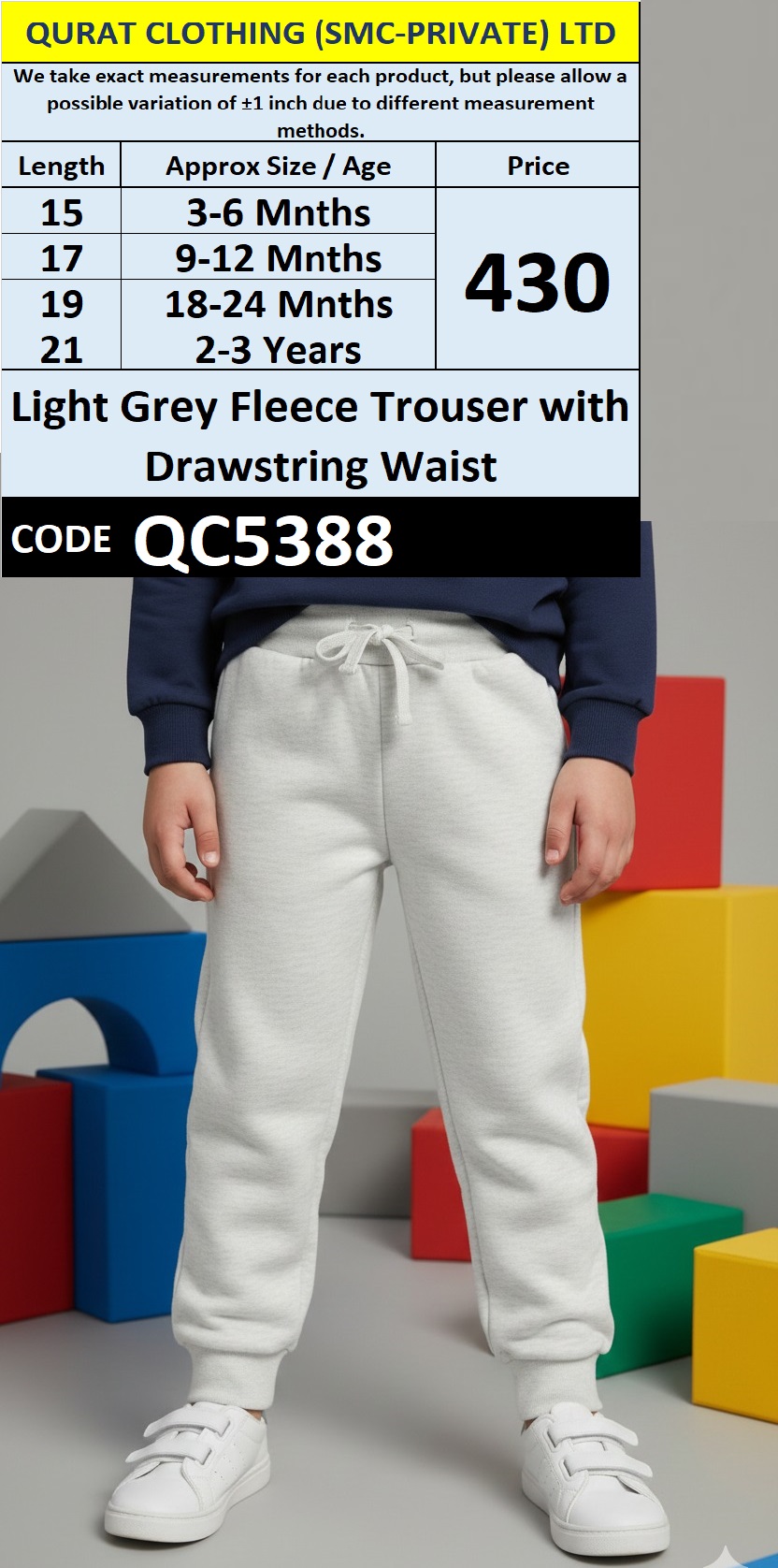 Light Grey Fleece Trouser with Drawstring Waist for Babies & Kids QC5388