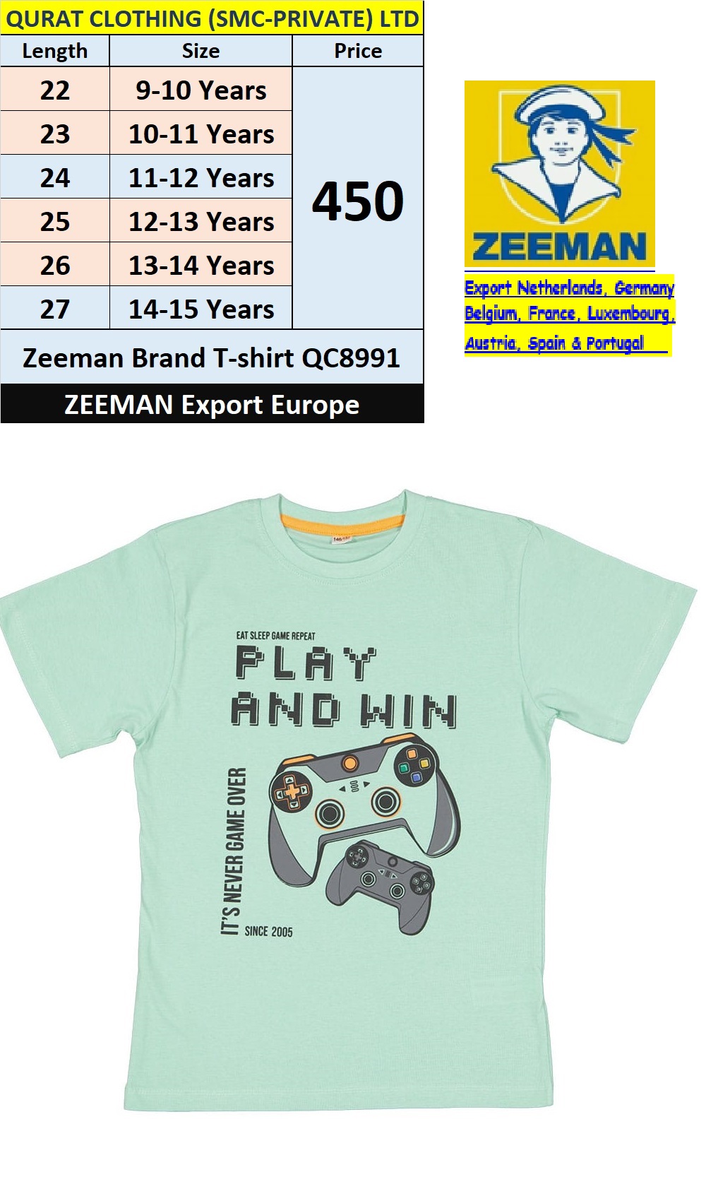Zeeman Brand T-shirt QC8991 Export Europe