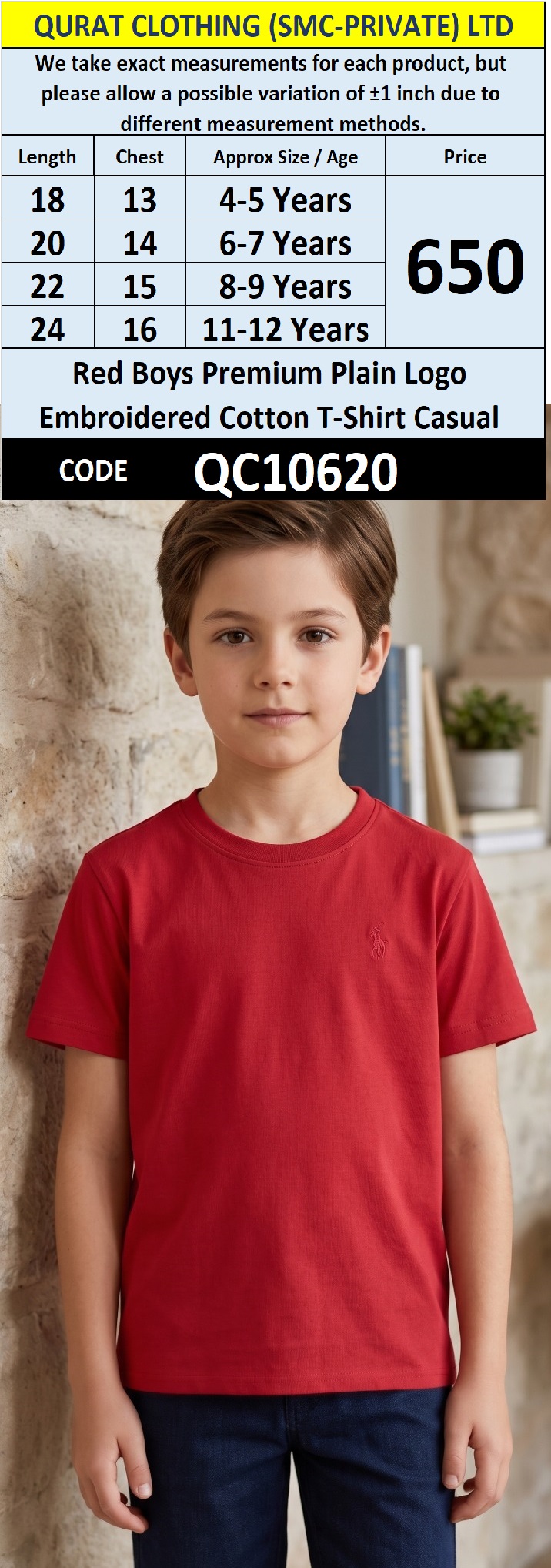 Red Boys Premium Plain Logo Embroidered Cotton T-Shirt Casual QC10620