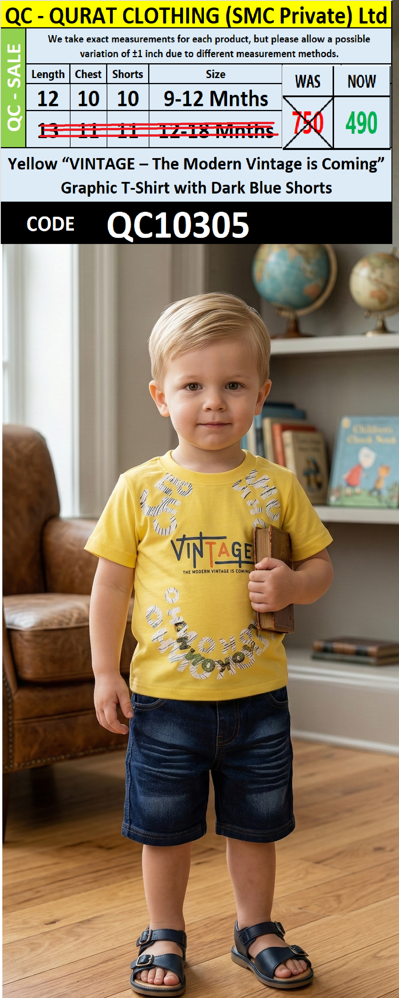 Yellow “VINTAGE – The Modern Vintage is Coming” Graphic T-Shirt with Dark Blue Shorts – QC10305