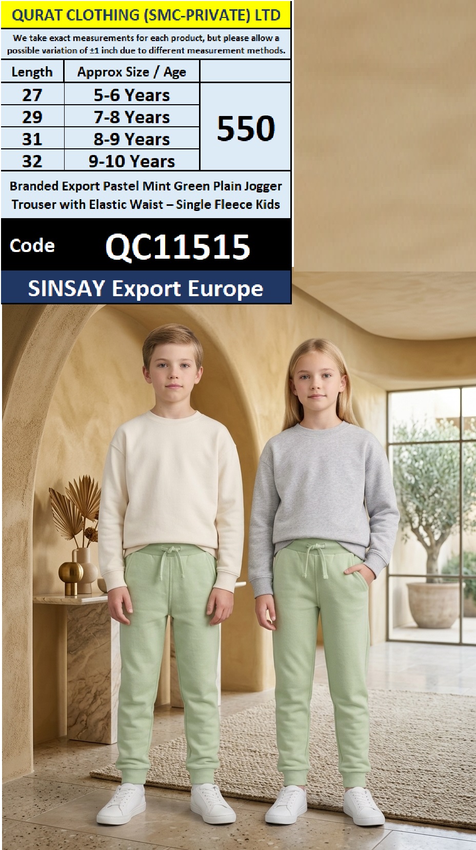 SINSAY Export Europe Branded Pastel Mint Green Plain Jogger Trouser with Elastic Waist – Single Fleece Kids – QC11515